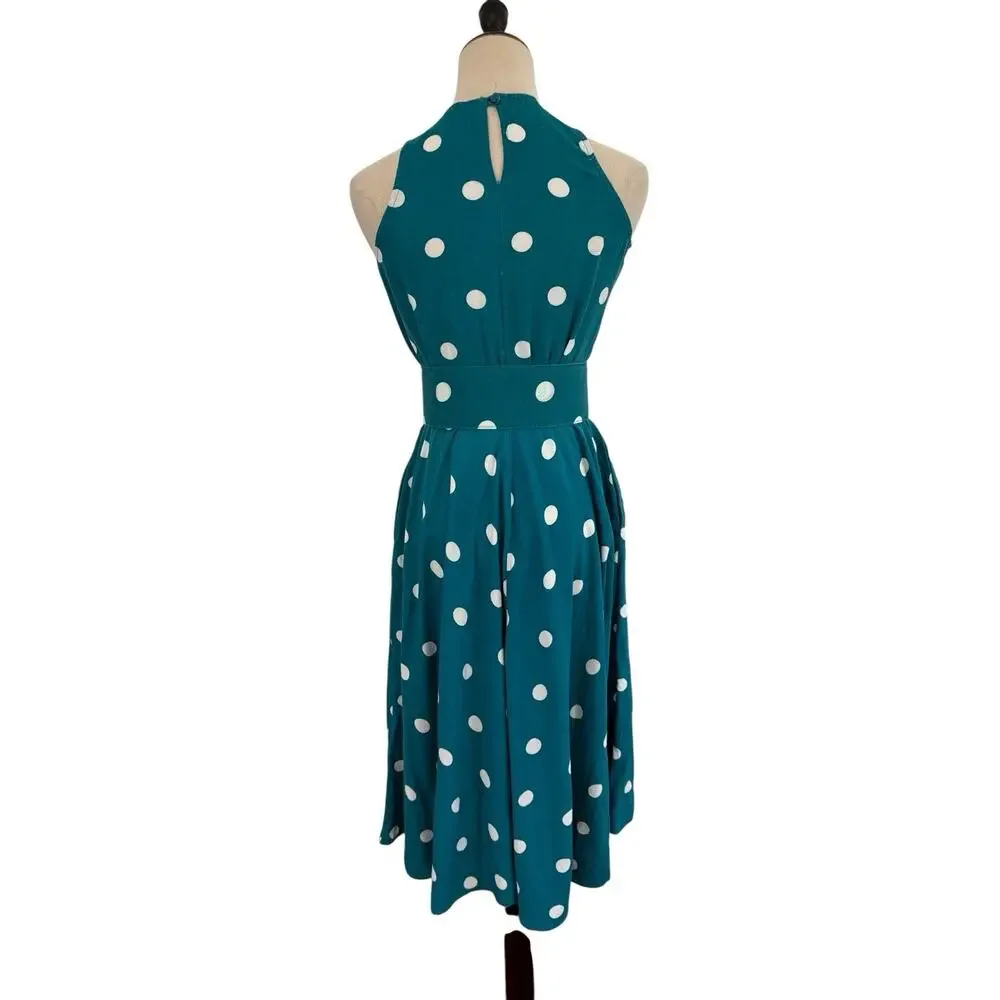 Vtg‎ 80s Brooks Atelier NY Teal Polka Dot Dress W/ Belt Halter Neck Xs Old Money
